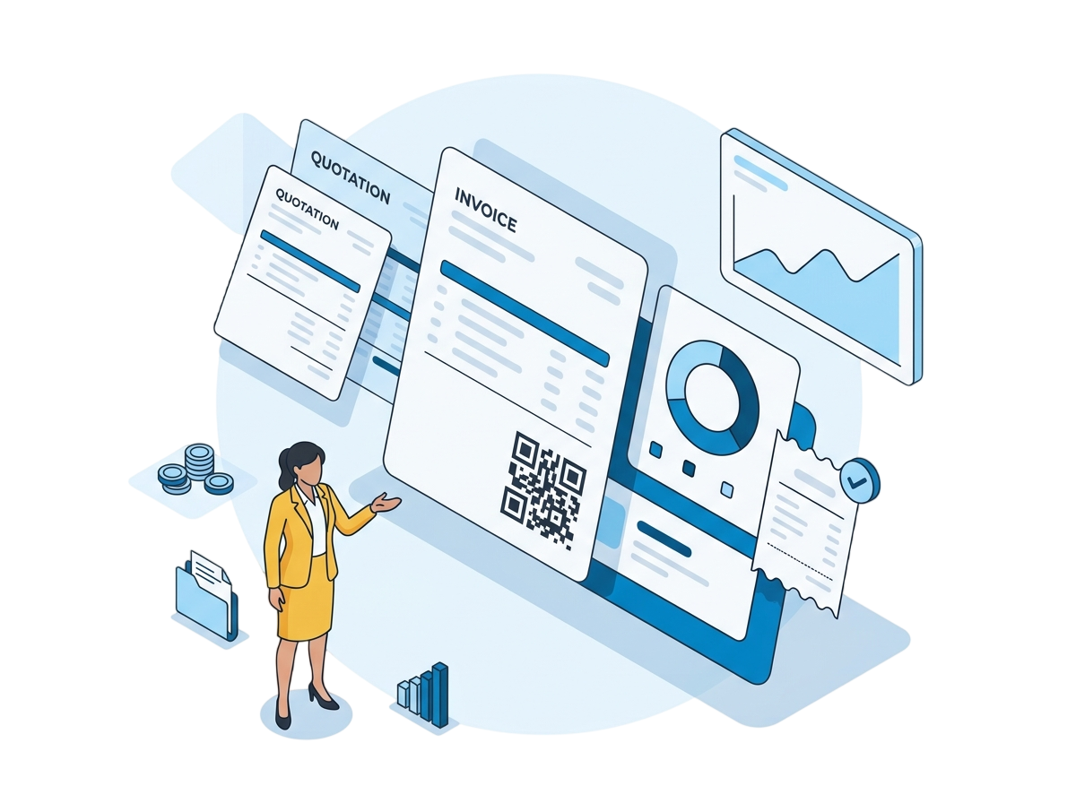 Illustration of a business dashboard with invoices, charts and documents