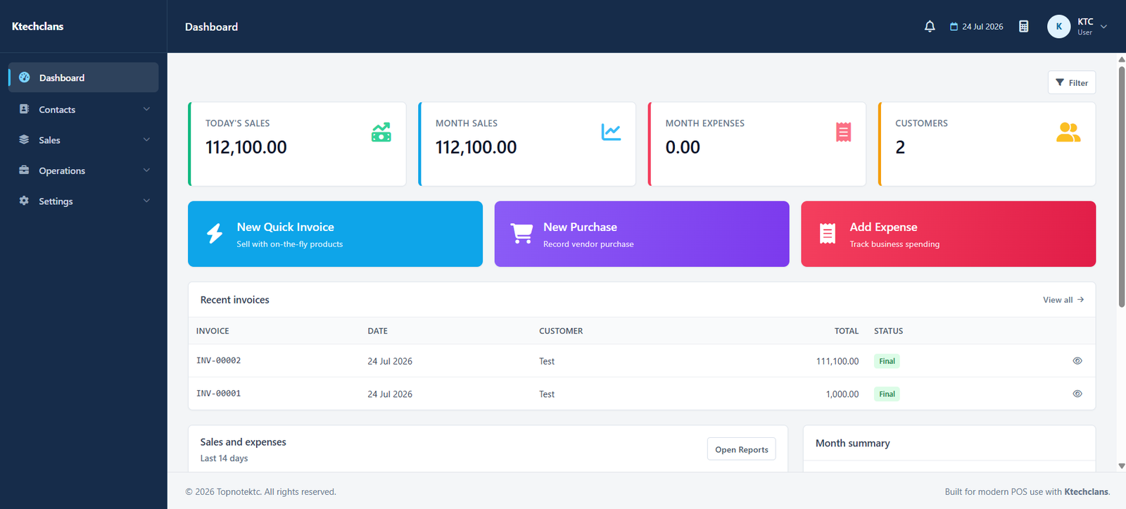 KTC dashboard showing sales totals, customers, quick actions, and recent invoices